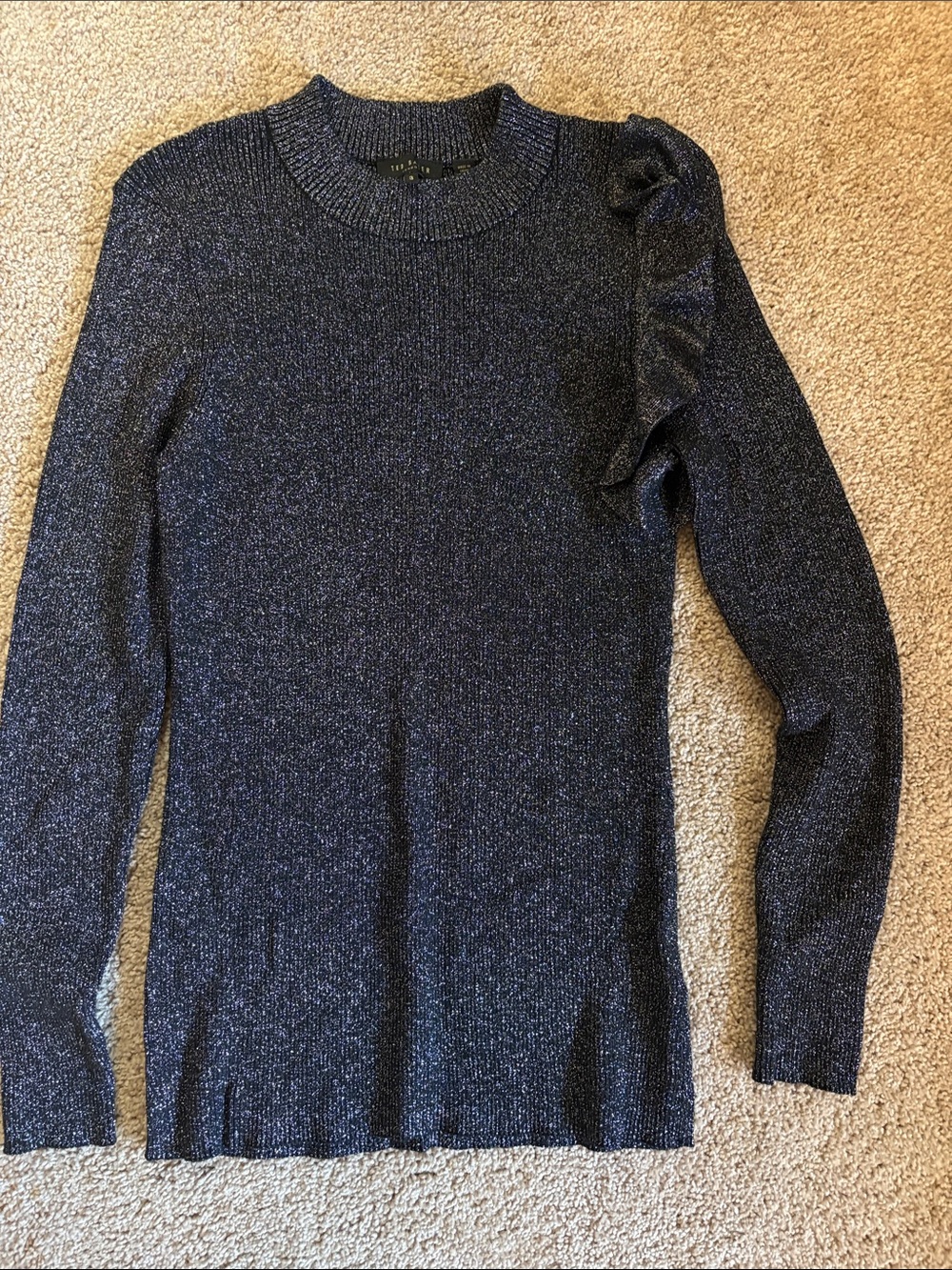 Ted Baker Metallic Navy Ruffle-Shoulder Crewneck Sweater